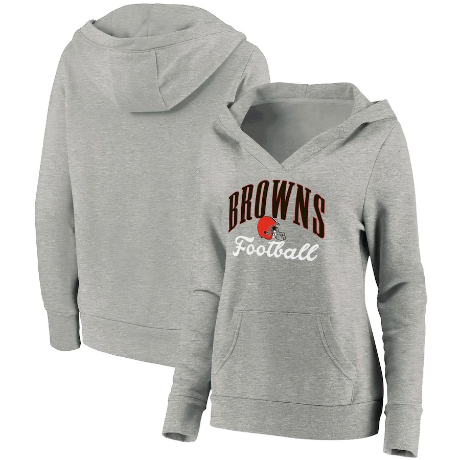 Cheap Women Cleveland Browns NFL Pro Line by Fanatics Branded Heathered Gray Team Victory Script Crossover V-Neck Pullover Hoodie